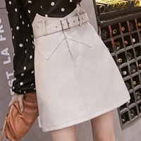 ljsxls solid a line skirt women 2021 autumn winter casual high waist faux leather sexy mini female short skirts black with belt
