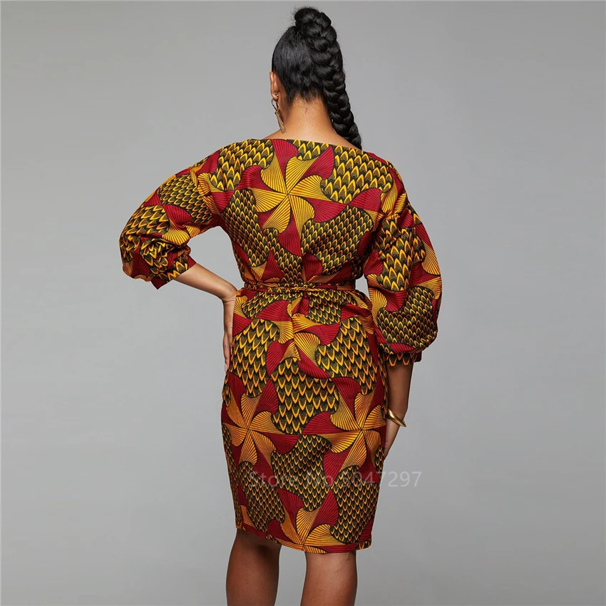 

Ankara 2020 New African Dresses For Women Dashiki Bandage Lantern Sleeve Vestidos Ladies African Clothing Autumn Robes Africaine