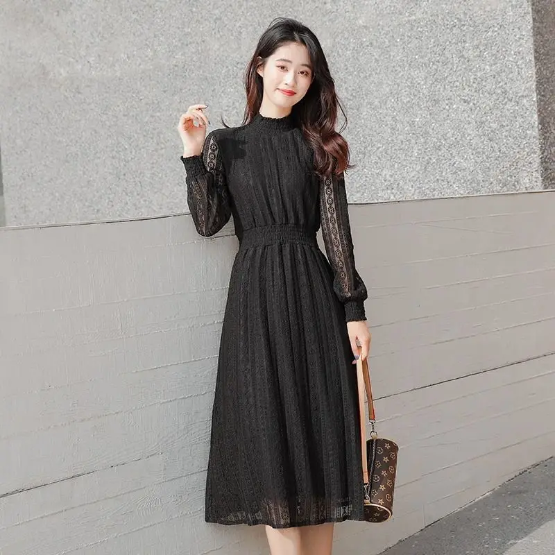 

Spring Vintage Dress Women Apricot Lace Slim High Waist Dresses Woman Winter Vestido Long Sleeve Elegant Party Dress Y867