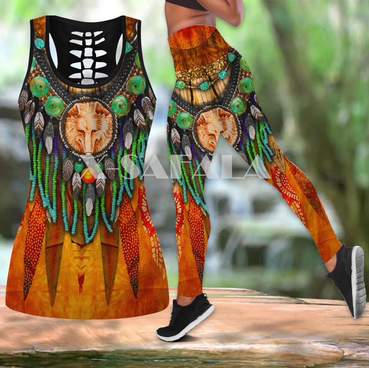 

Native Indian Primitive Two Piece Yoga Set Women 3D Print Vest Hollow Out Tank Top High Waist Legging Summer Casual Sport-7