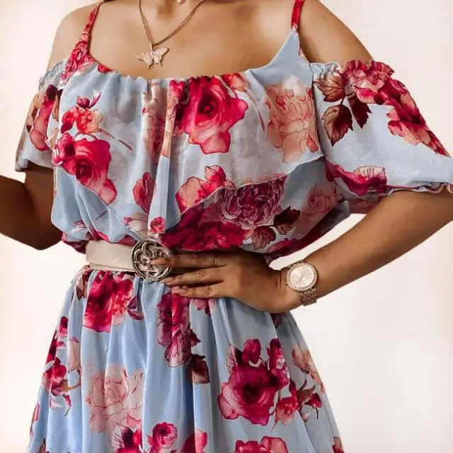 

2021 Summer Chiffon Floral Print Casual Mini Dress Women Spaghetti Strap Short Sleeve Sexy Short Dress Beach Boho Belt vestidos