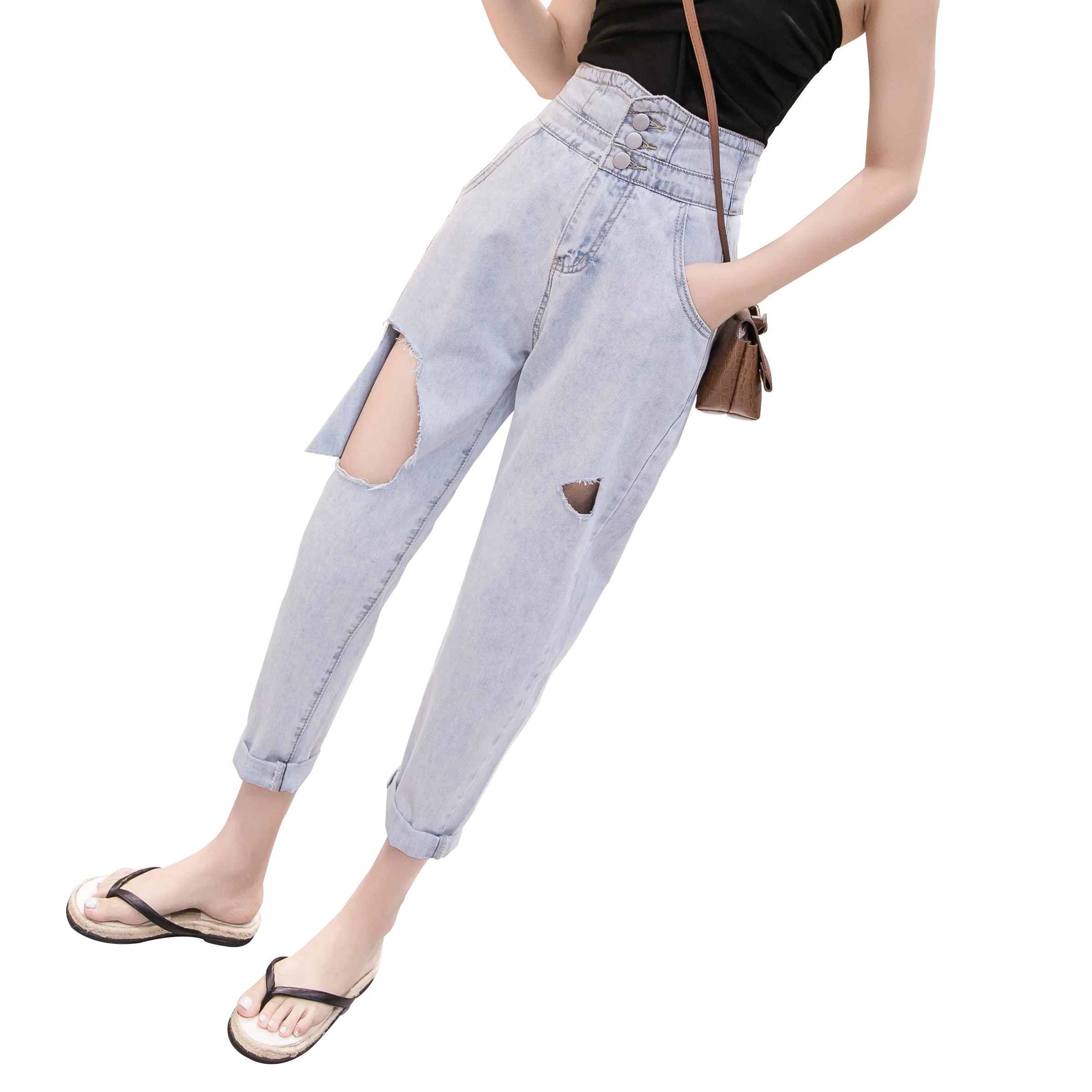 2019 новые модные женские джинсы с дырками и высокой талией свободные летние