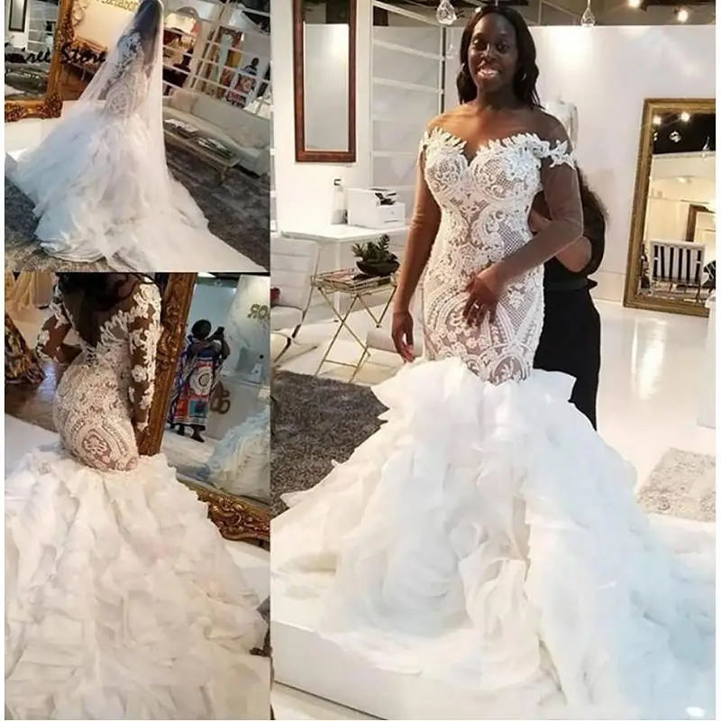 

Modest African Mermaid Wedding Dresses 2021 robe de mariee Plus Size Wedding Dress Long Sleeves Lace Sheer Bridal Gowns Handmade