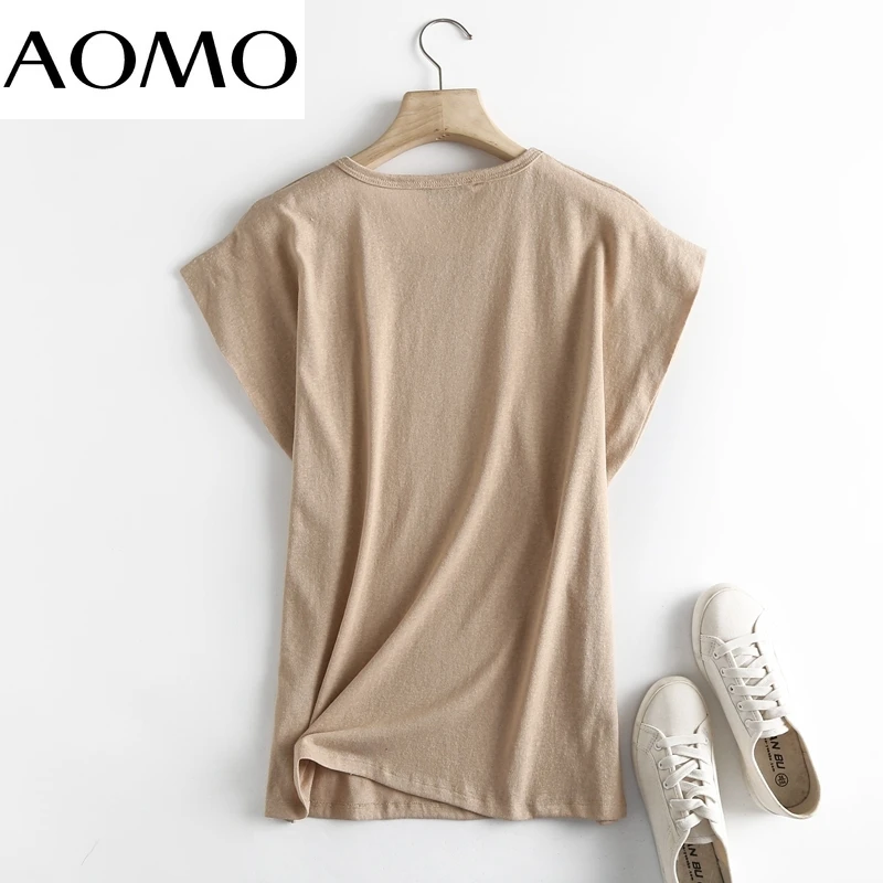 

AOMO 2021 Women High Quality Khaki Linen T Shirt Short Sleeve O Neck Tees Ladies Casual Tee Shirt Street Wear Top 6D69A
