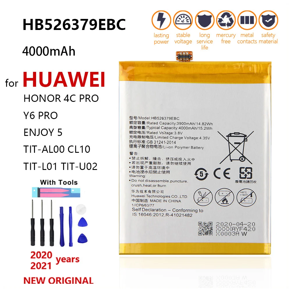 

100% Original 4000mAh HB526379EBC Battery For Huawei Y6 Pro Enjoy 5 HONOR 4c pro TIT-L01 TIT-TL00 -CL00 TIT-CL10 With Tools