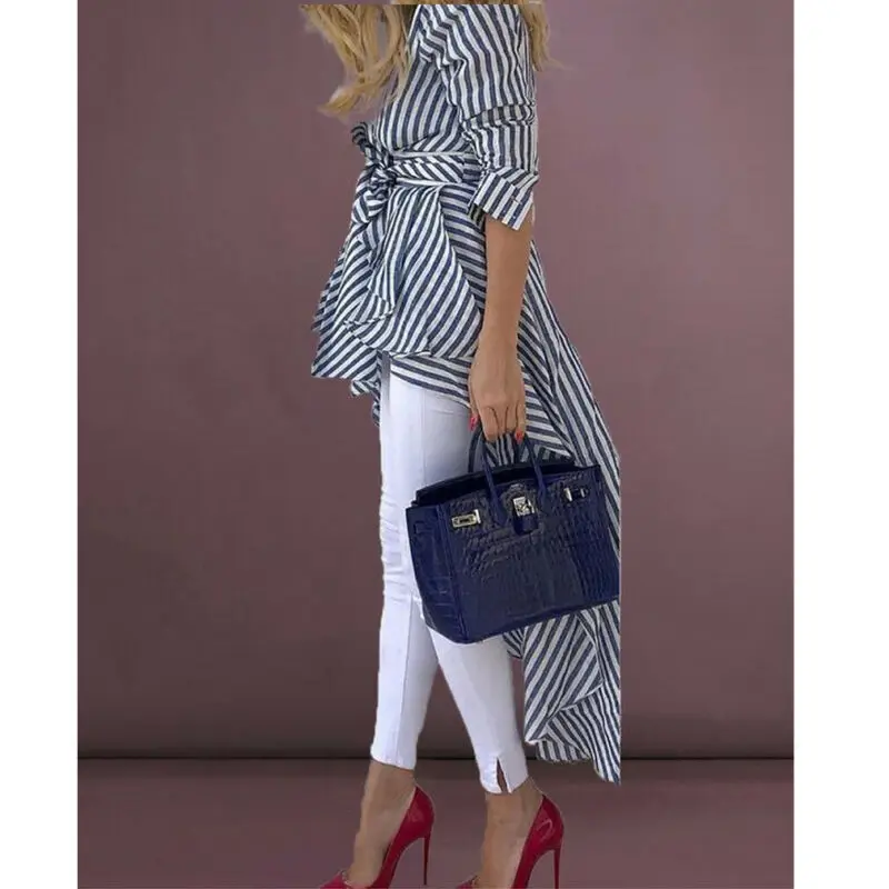 Женская рубашка в полоску с длинным рукавом и V-образным вырезом | одежда