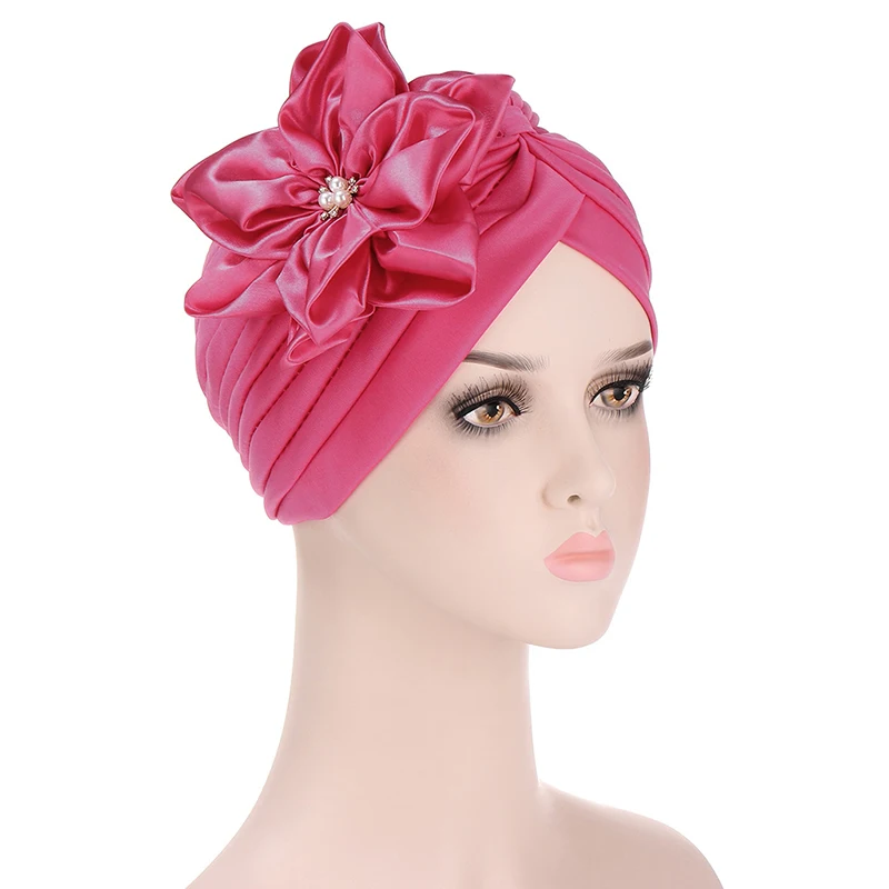 

Women Satin Flowers Turban Caps Muslim Elastic Pearls Headscarf Bonnet Ladies Hair Accessories Pleated Indian Hat
