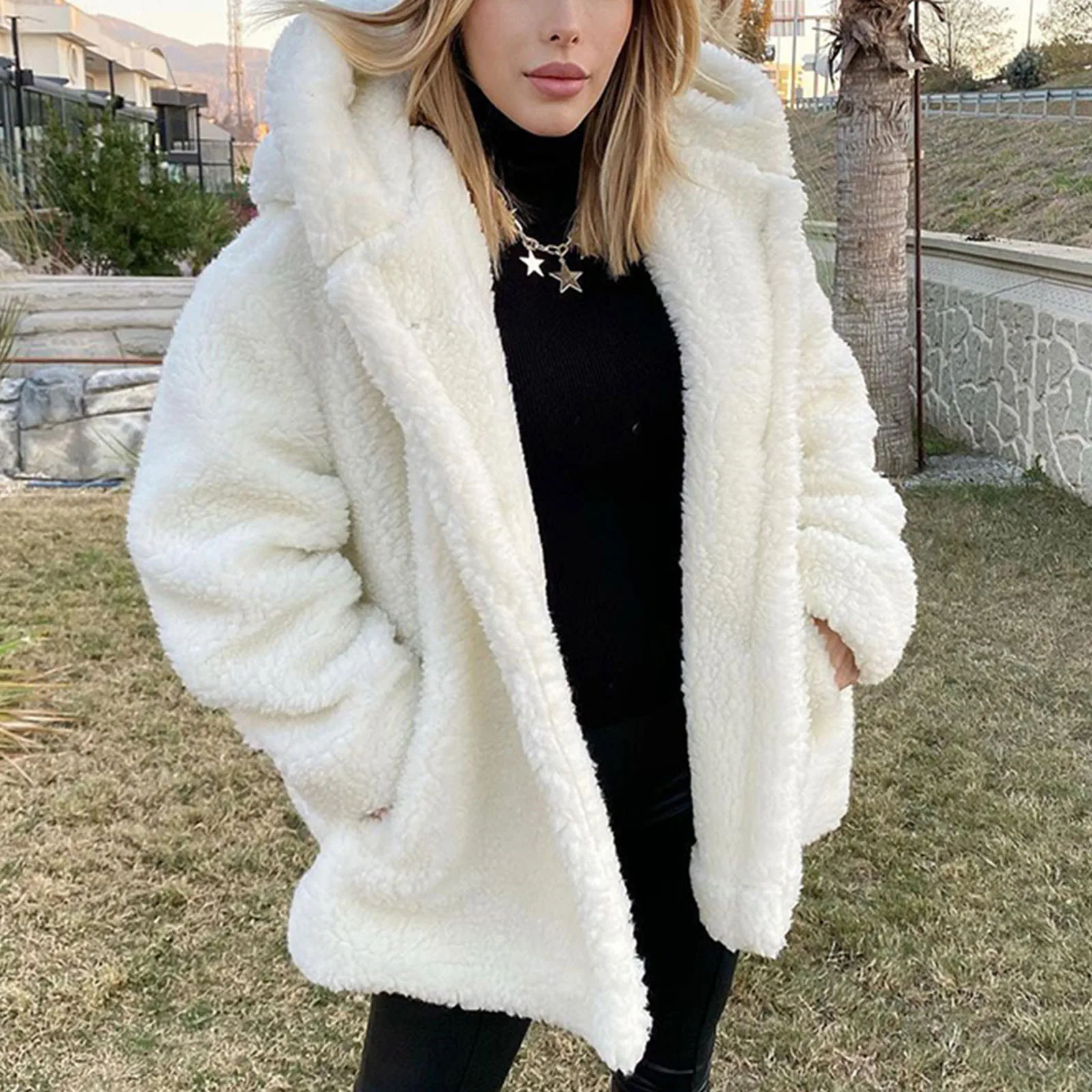 

mulheres jaqueta de pelúcia de alta qualidade inverno grosso quente cor pura manga longa solta cardigan casual feminino parka