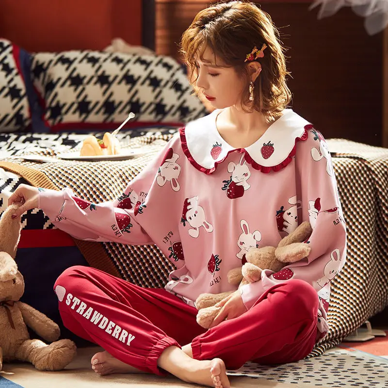 

Pyjamas sets Women Autumn cute kawaii Nightgowns Girls Princess Cotton long Sleeves Plus Size Home wear Ruffle sleepwear