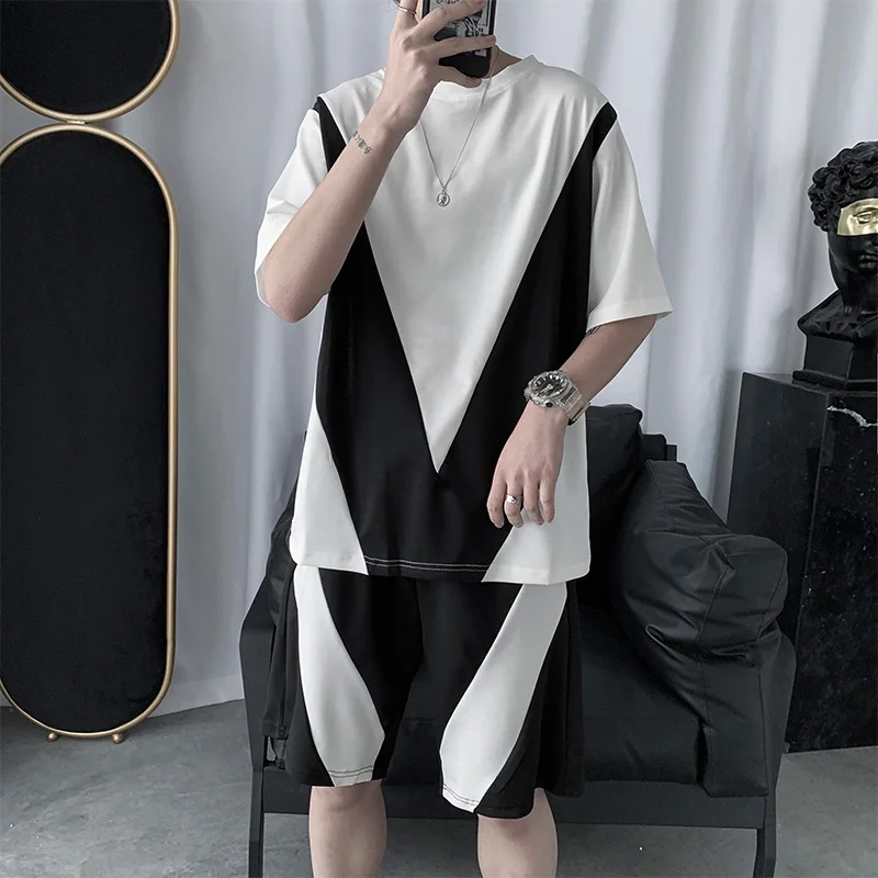 

Men Sets Summer Patchwork Tees Tops Shorts 2 Pics Beach Casual Holiday Korean Trendy Loose Cozy Breathable Hip-hop Retro