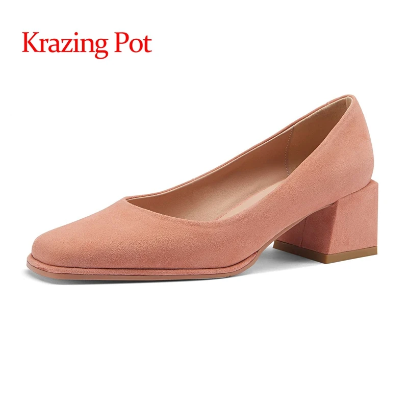 

Женские замшевые туфли-лодочки Krazing Pot, лаконичные туфли-лодочки из овечьей замши с квадратным носком на высоком каблуке, три цвета, L72, 2019