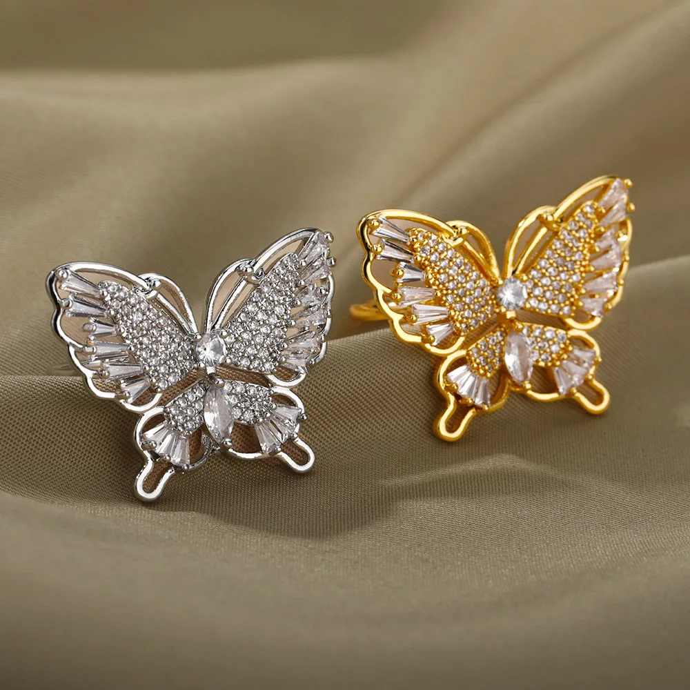 Кольца с блестящими кристаллами в виде бабочки для женщин и девушек позолоченные