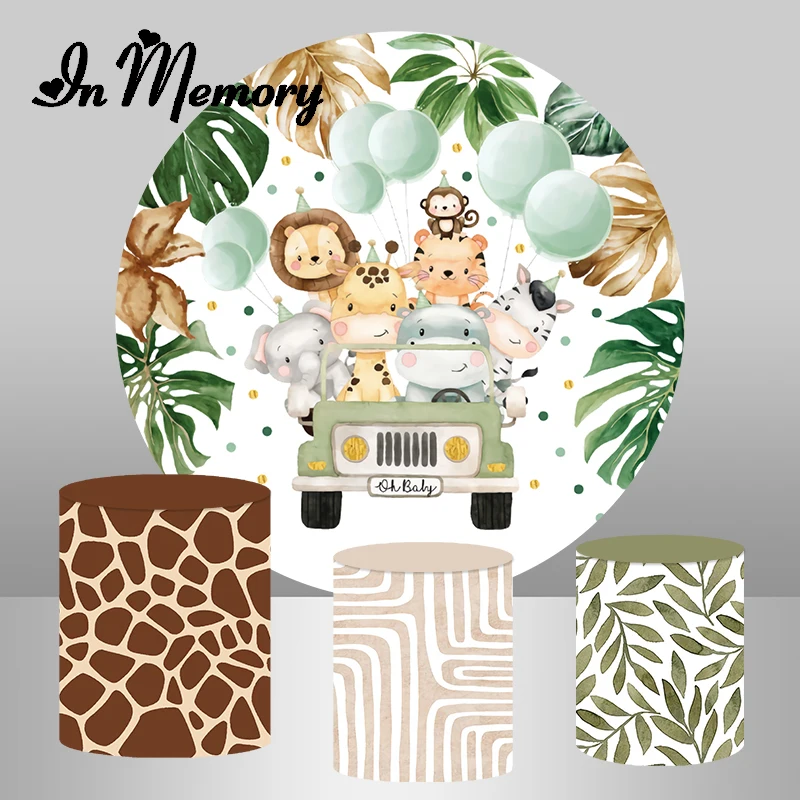 

InMemory Green Leaves Safari Jungle Round Backdrop Cover Driving Car Animals Kids Birthday Party Circle Background Plinth Cover