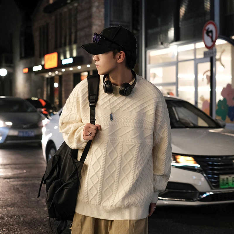 

EBAIHUI Sweater Men O-neck Knitting Twist Argyle American Style Pullover Vintage Casual Baggy Thicken Jumper Chic Streetwear