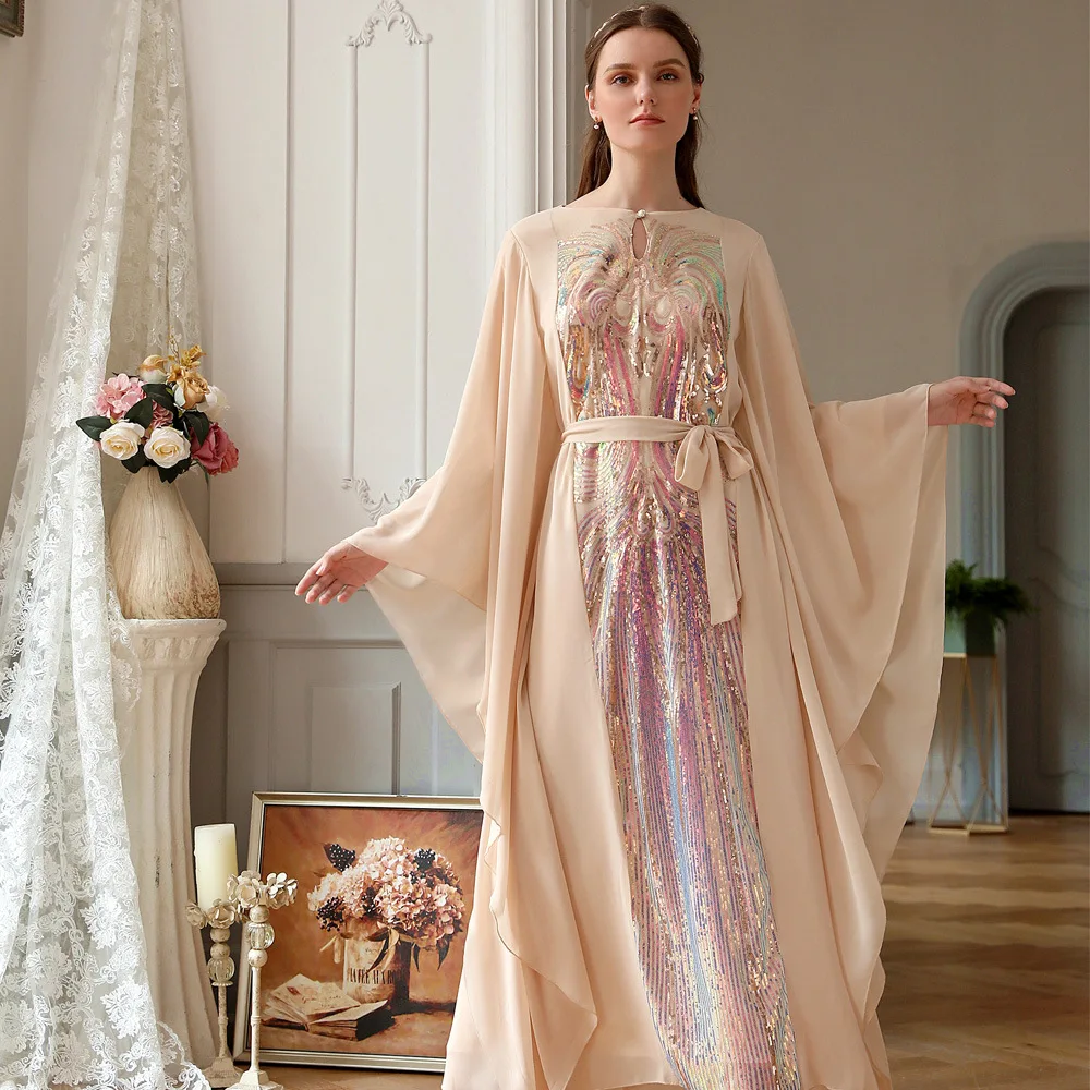 Abaya Дубай платье для женщин, мусульманское платье с блестками, кафтан, Марокканское женское платье с поясом, Рамадан, хиджаб, длинное кимоно, ...