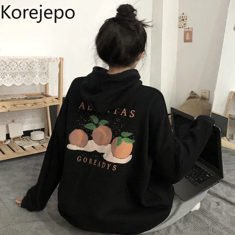 

Korejepo Hoodies & Sweatshirts Autumn and Winter Drawstring 2021 New Peach Print Loose Long Sleeve Pullover Jacket Women's Top