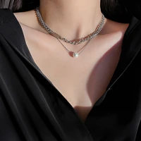 fashion womens titanium steel pearl necklace pendant cute girls double layer clavicle chain new simple temperament jewelry gift