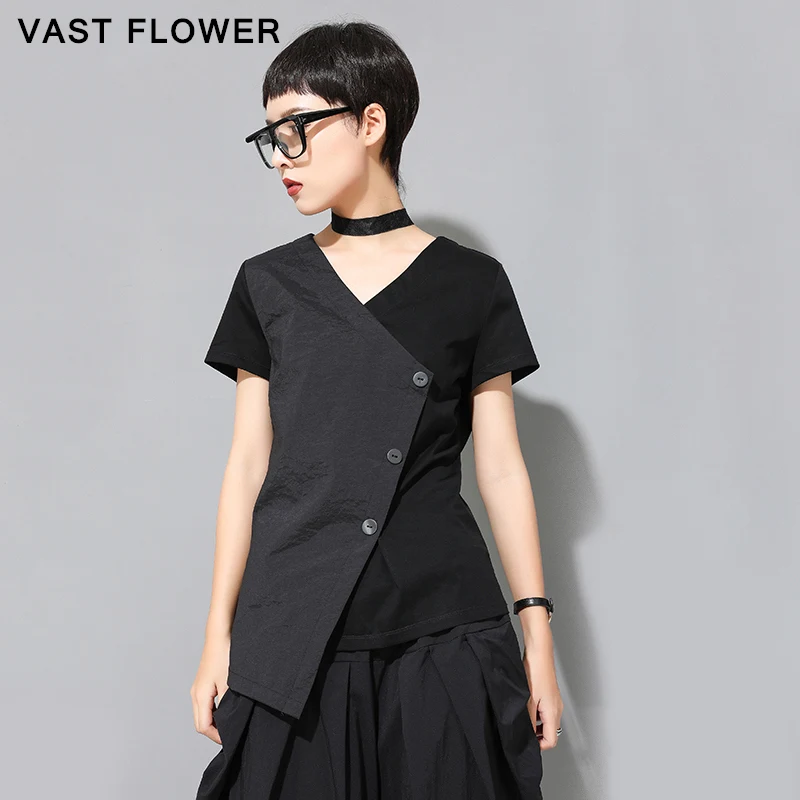 

Women Black Button Irregular Spliced T-Shirt New V-Neck Short Sleeve Loose Casual Tee Tshirt Tops Fashion Clothe Summer 2021