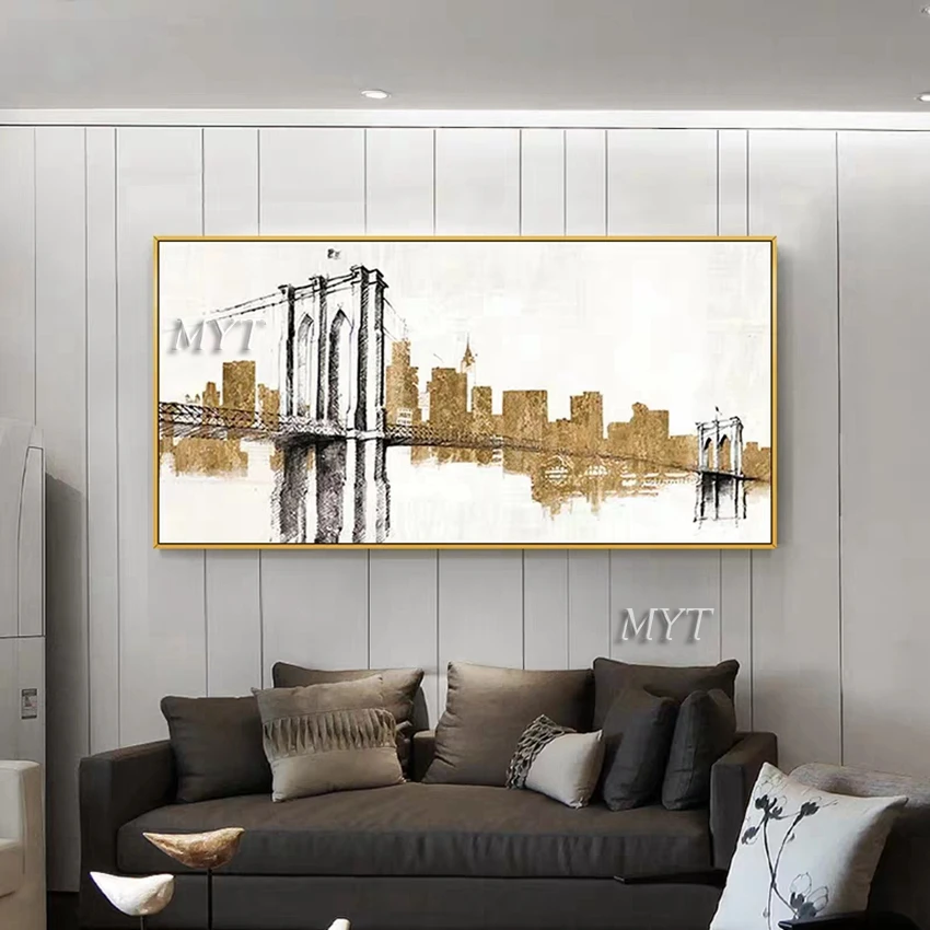 Большая абстрактная Золотая городская живопись маслом ручной работы картины на