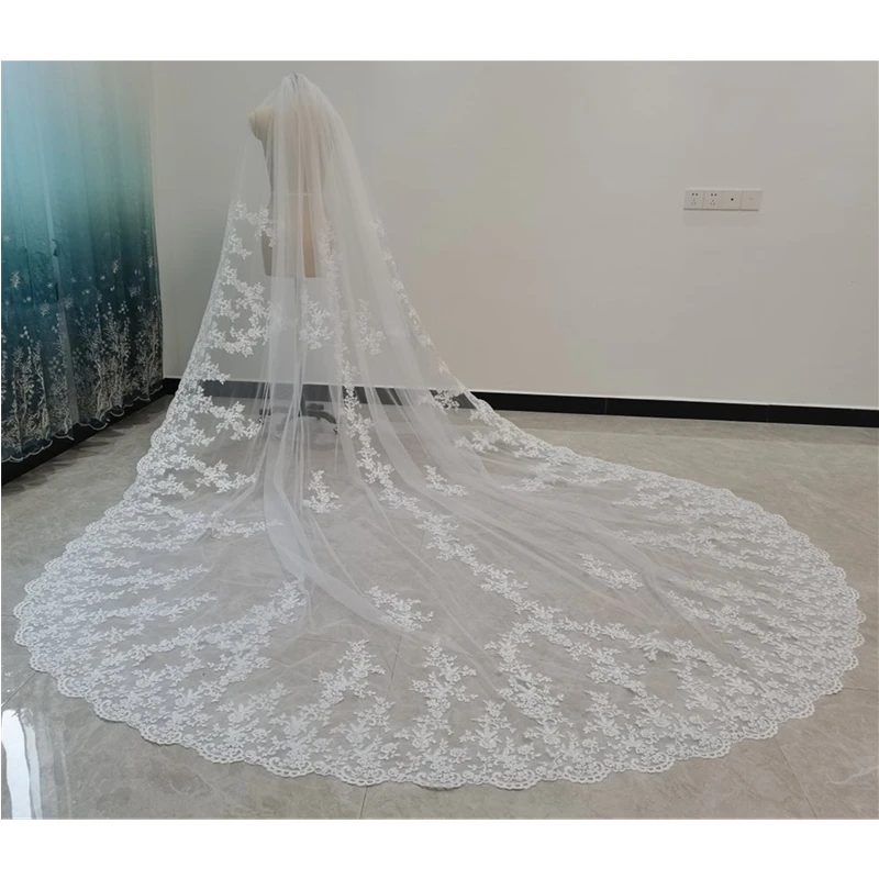 

Real Photos One Layer Ivory Bridal Veil With Comb White Cathedral Long Lace Appliques Wedding Veils for Brides 3 4 5 metres 1 T