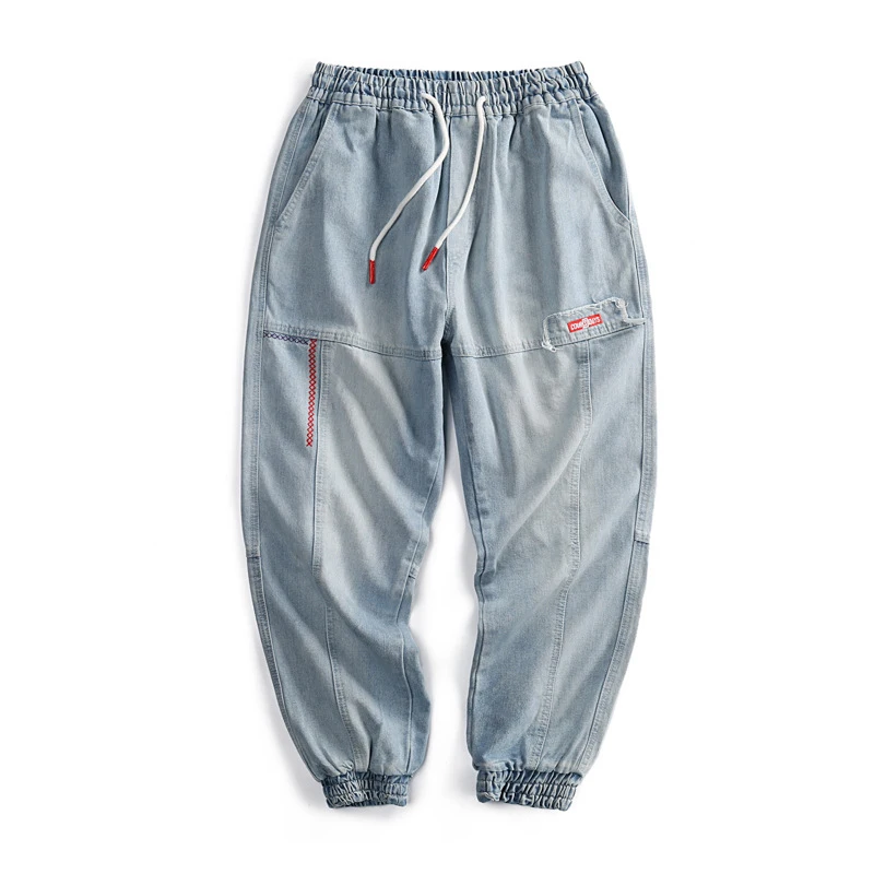 Мужские джинсы брюки в стиле хип хоп с эластичным поясом светло голубые длинные