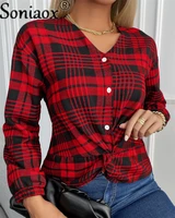 autumn winter women plaid printed shirt loose womens v neck button kink blouse long sleeve casual ladies fashion streetwear tops