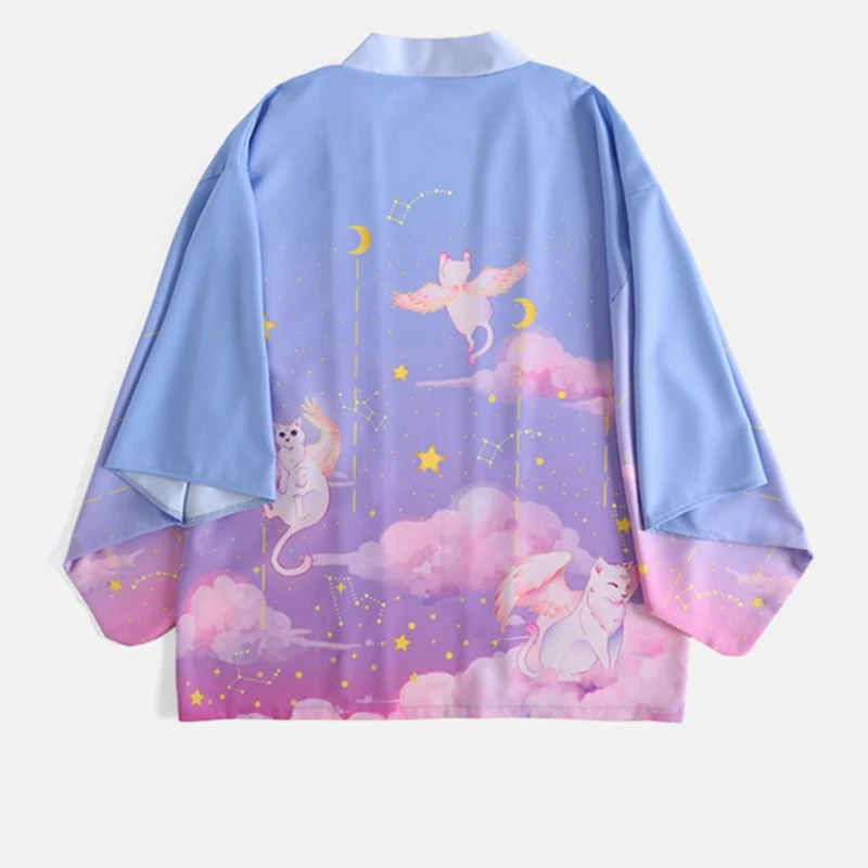 Женский кардиган-кимоно в стиле бохо голубая и розовая рубашка с принтом