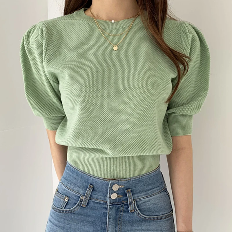 

Korean Fashion Solid Color Knitted Loose Puffs Sleeve Pullovers Women 2021 Summer Fashion Causal Sweater Crop Top Streetwear