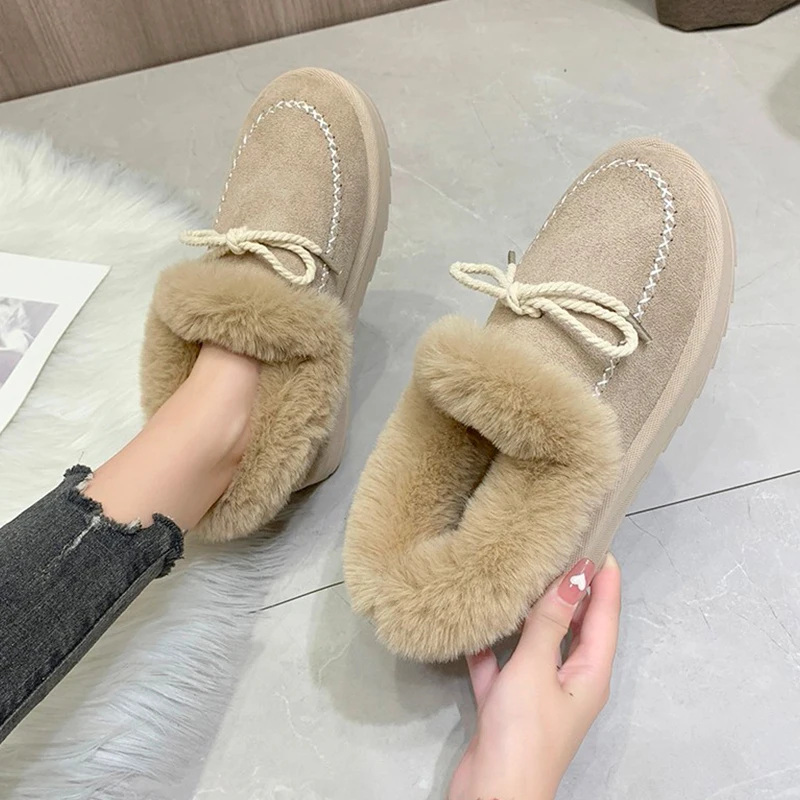 

Женские кроссовки без шнуровки, зимние плюшевые сапоги до середины икры, простые однотонные сапоги из флока на шнуровке с бабочкой, новинка ...