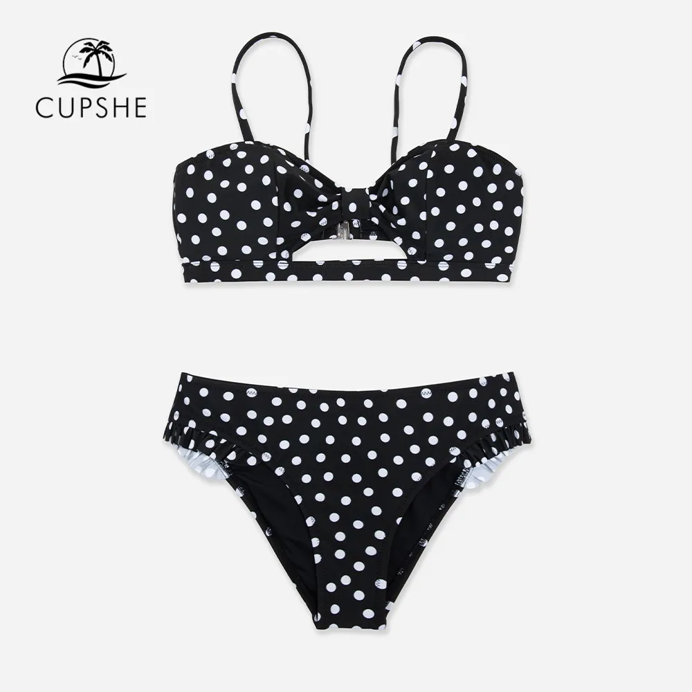 CUPSHE Black Polka Dot Ruffled Low Waist Bikini Sets Swimsuit For Women Sexy Cutout Two Pieces Swimwear 2022 Beach Bathing Suit | Спорт и