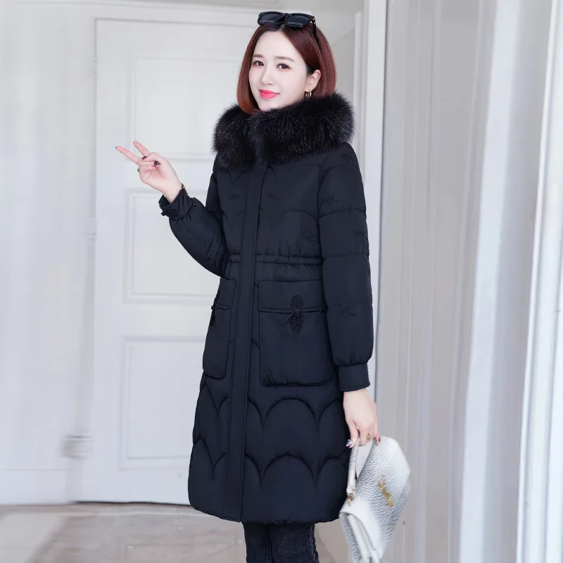 Women Winter Elegant Long Jacket Thick Warm Parkas Ladies Fur Collar Hooded Cotton Coat Female Stylish Outerwear Brand Clothing