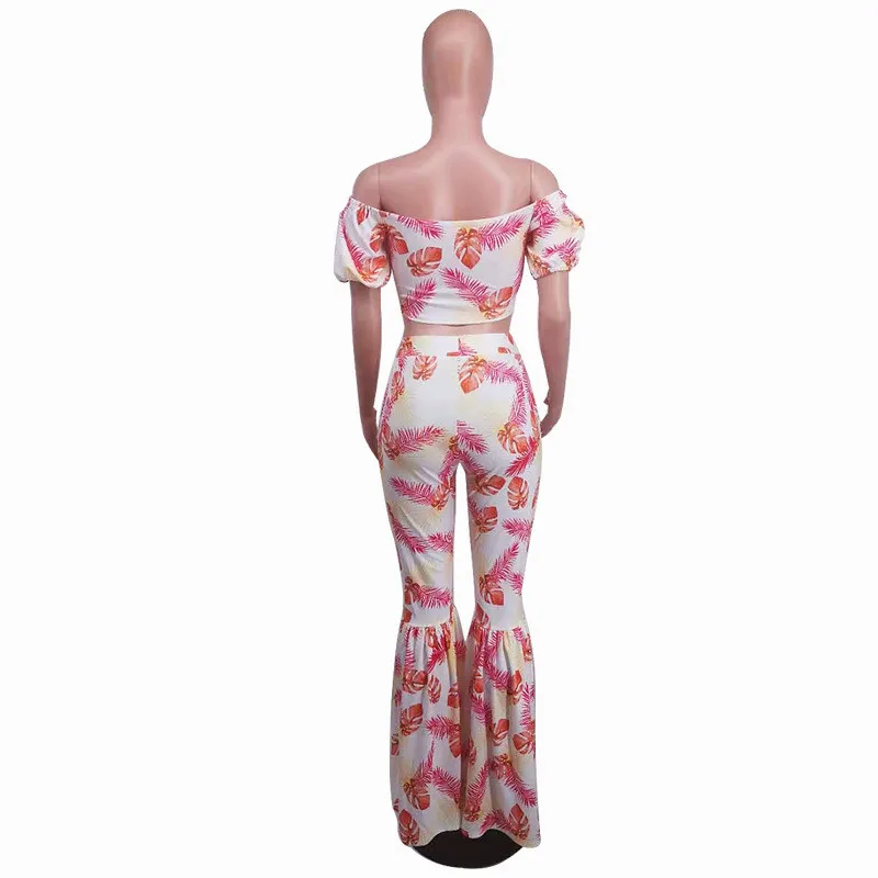 

2021 New Summer Tracksuit Women 2 Two Piece Set Print Sexy Strapless Bandage Crop Top And Flare Pants Suits Casual Woman Clothes