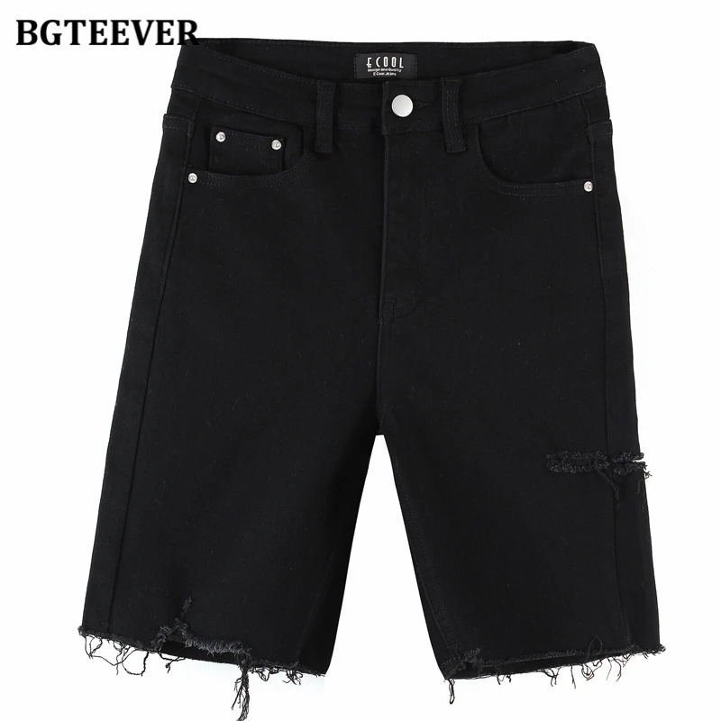 

BGTEEVER Summer Chic Ripped Hole Women Denim Half Shorts Skinny High Waist Tassels Fashion Ladies Stretch Jeans Shorts 2020