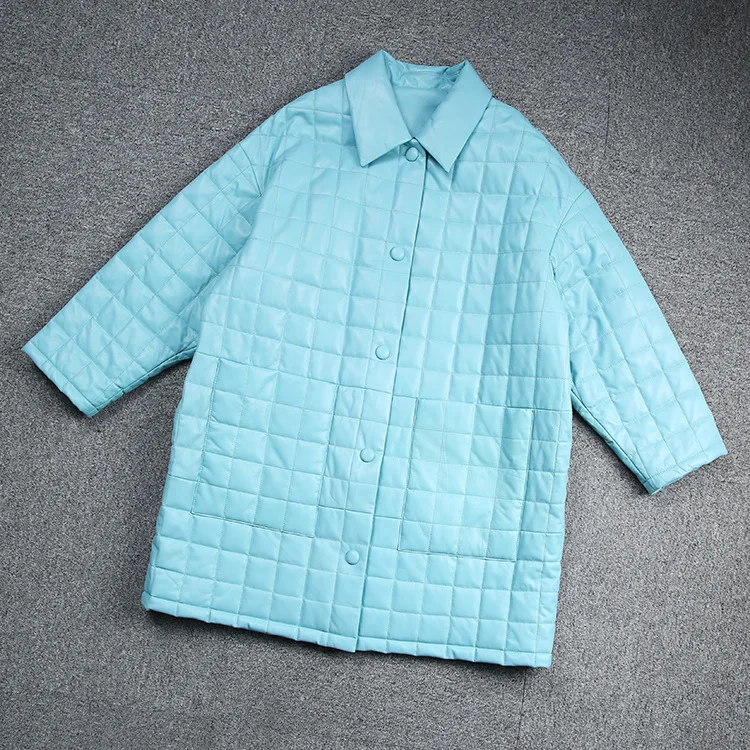 Spring Autumn Korean Style Women's High Quality Sheepskin Pocket Overcoat Chic Genuine Leather Plaid Loose Quilting Jackets F056