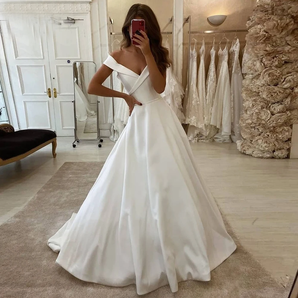 

Elegant Off-shoulder Satin Wedding Dresses Simple Sweep Train Robe de Mariage vestido de noiva White/ivory Bridal Gown