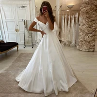 elegant off shoulder satin wedding dresses simple sweep train robe de mariage vestido de noiva whiteivory bridal gown