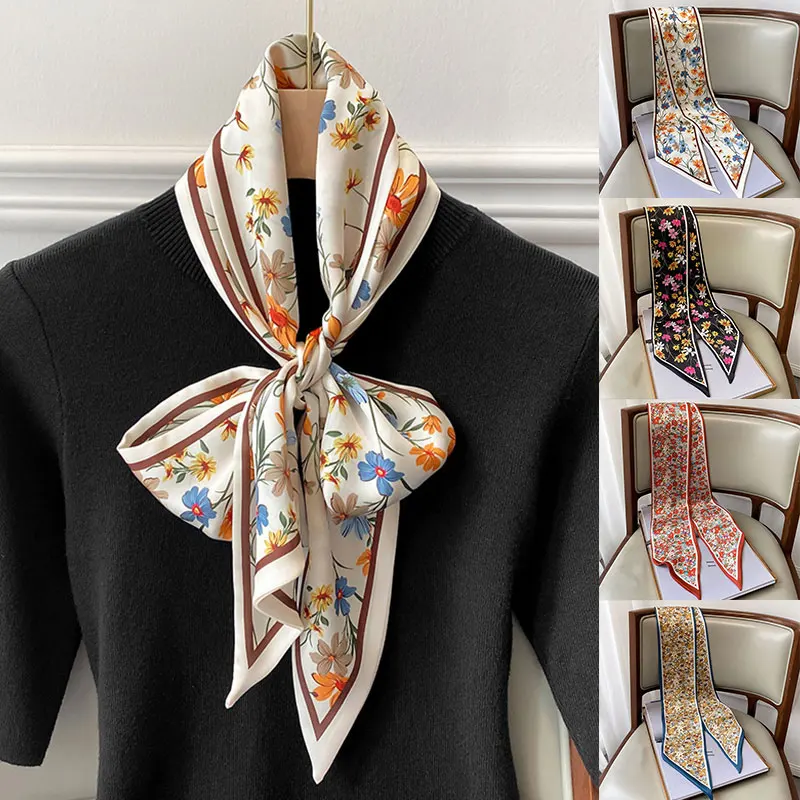 

Fashion Silk Imitation Printed Scarf Women Thin Neck Long Scarves Bags Accessories For Girls Skinny Scarf Shawl Bandanas