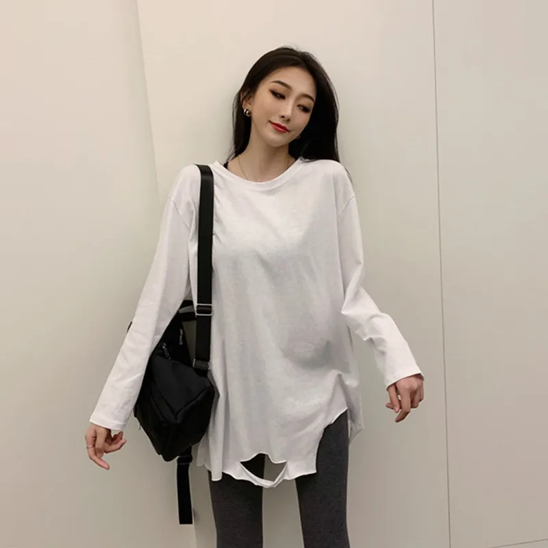 Women Loose T-shirt Long Sleeve 2020 Spring Summer New Fashion Female Streetwear Casual Big Size Hole White Tshirts Tops | Женская