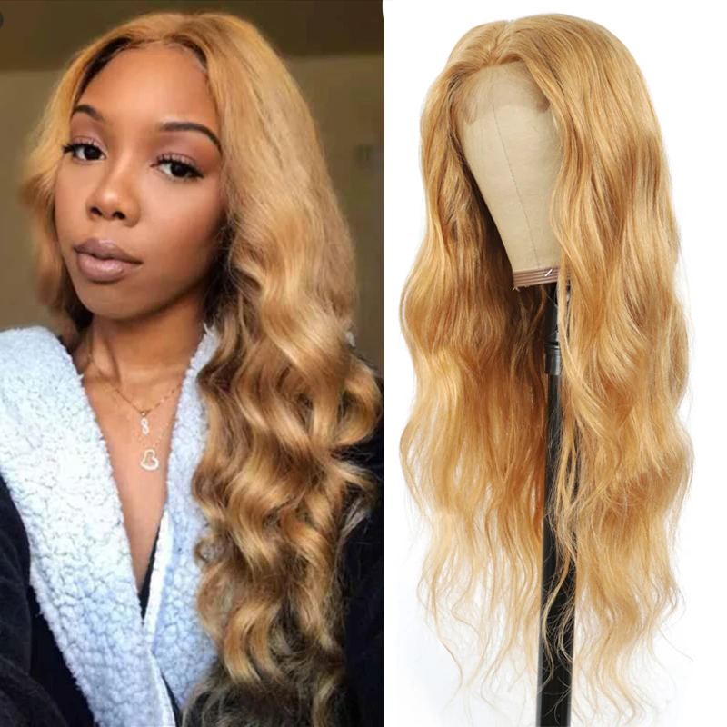 

27 Honey Blonde 4x4 Lace Closure Wig Brazilian Body Wave Pre Plucked Remy Human Hair Wigs SOKU 12-28inch Lace Wig For Women