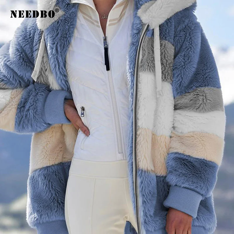 NEEDBO Hooded Jacket Women Fashion Loose Plush Warm Winter Women Coat Casual Multicolor Splicing Zipper Long Sleeve Ladies Coats