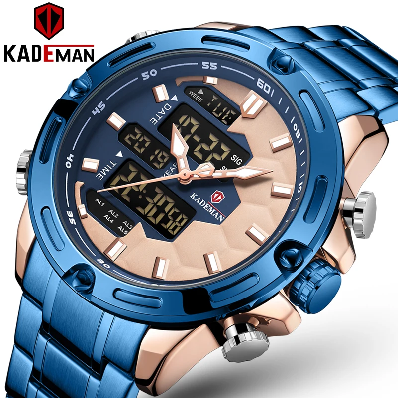 Модные мужские спортивные кварцевые часы синего и золотого цвета