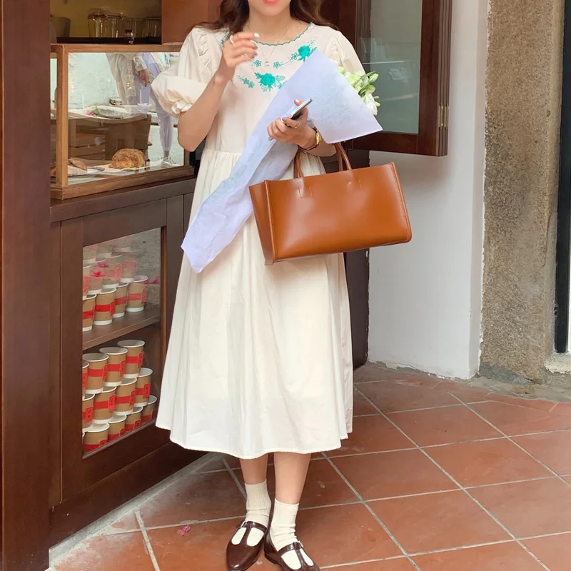 

O Neck Embroidery Elegant Long Dress For Women Fashion Loose Lantern Sleeve Vintage Chic Female Dress Summer Korean Sundress New
