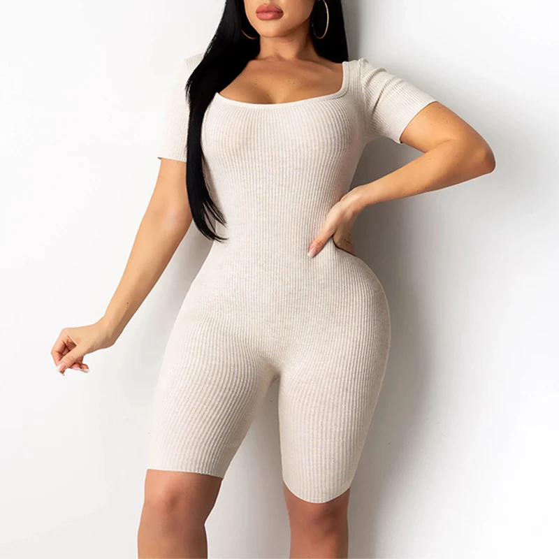 

Summer Ribbed Lace Up Sexy Playsuit Women Backless Short Sleeve Skinny Hot Playsuits Female 2021 New Fashion Bodycon Lady Romper