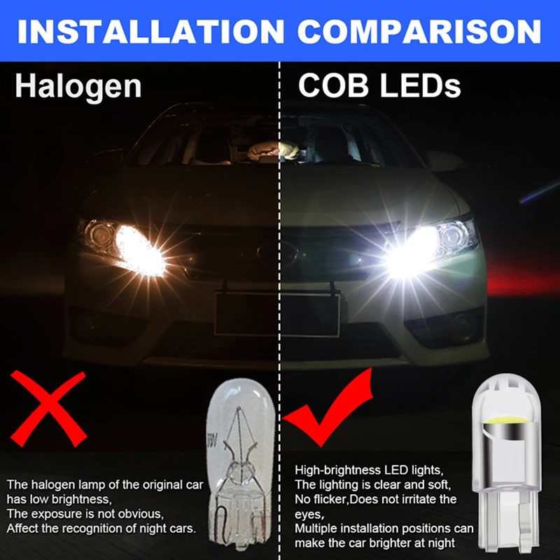 

2/10 Pcs Super Bright W5W 194 T10 LED Glass Housing Cob Car Bulb 6000K White Green Blue Red Wedge License Plate Lamp Dome Light