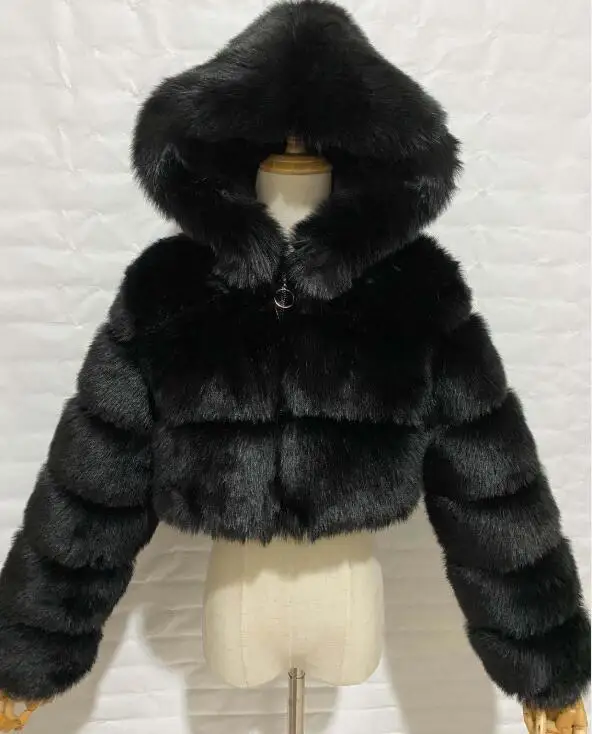 

High Quality Furry Cropped Faux Fur Coats and Jackets Women Fluffy Top Coat with Hooded Winter Fur Jacket manteau femme