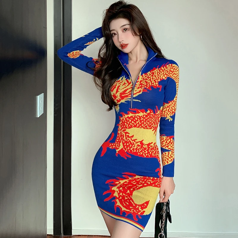 

Harajuku Dragon Pattern Knitted Dress Women Autumn Winter Zipper Sweater Bodycon Dress Sexy Hip Hop Mini Dresses Vestidos