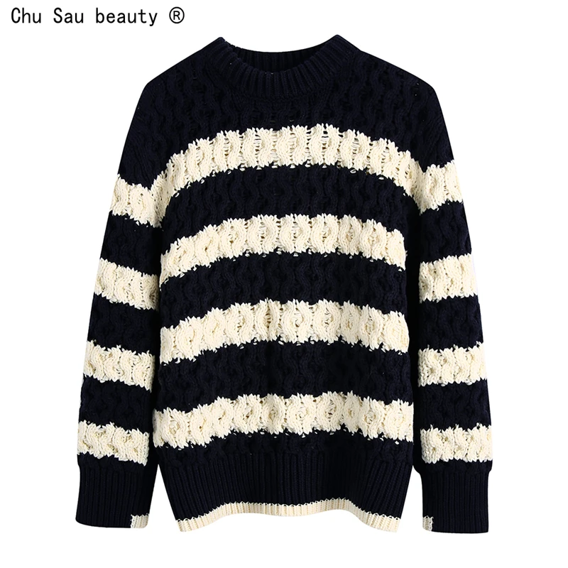 

Женский винтажный свитер в полоску, весенний вязаный Свитер оверсайз с длинным рукавом, парные пуловеры в стиле хип-хоп, бойфренды, уличная ...