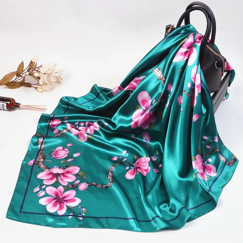 

Women Flower Print Turban Scarves Fashion Silk Satin Square Scarf Female Handkerchief Neck Scarves For Lady 90*90Cm
