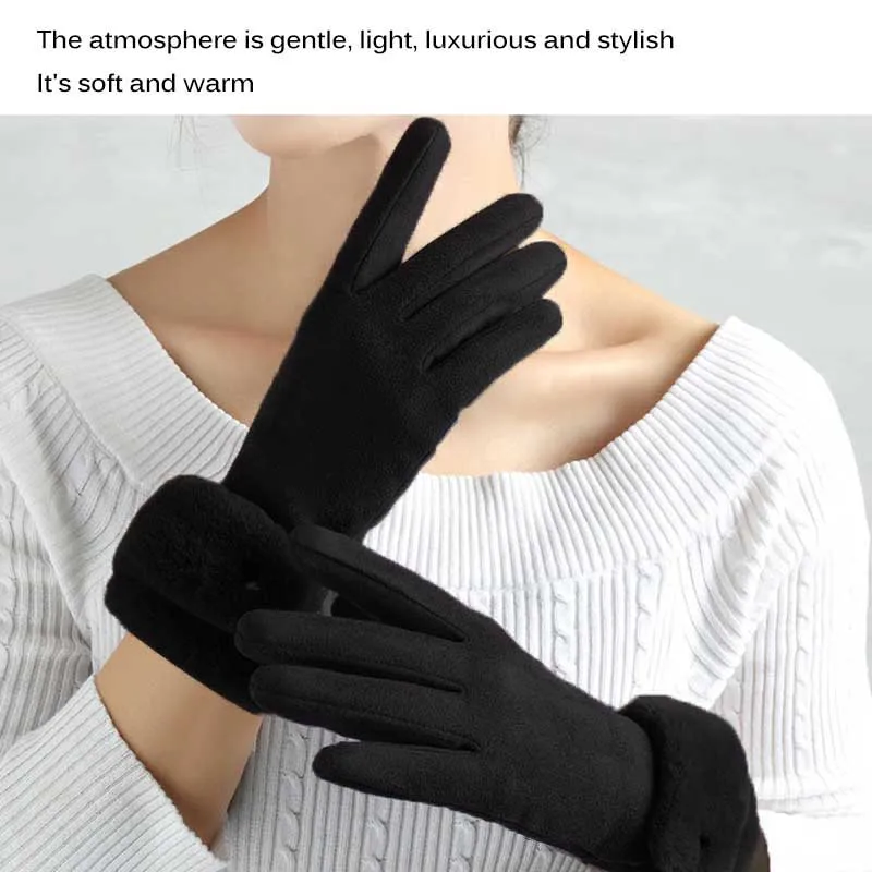 

Female Gloves Winter Ladies 2 Leather Velvet Gloves Touch Screen Furry Suede Winter Ladies Girls Outdoor Hot Full Finger Lining