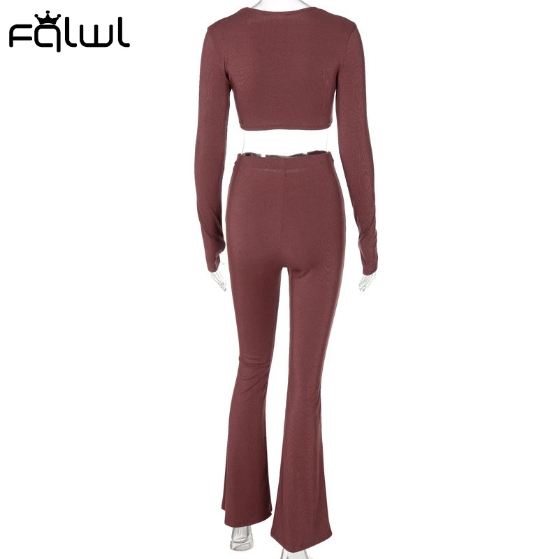 

FQLWL Summer Sexy 2 Two Piece Sets Women Outfits 2021 Long Sleeve Crop Top Bandage Flare Pants Suits Brown Club Matching Sets
